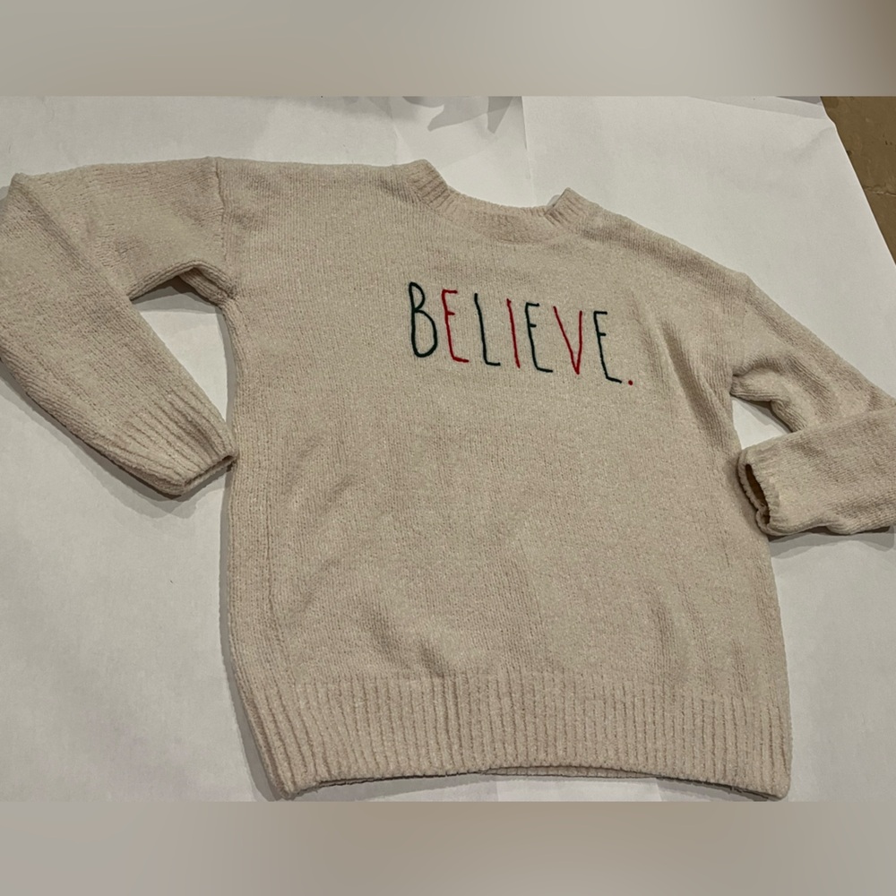 Rae Dunn Believe Cream Christmas Sweater Holiday Red and Green